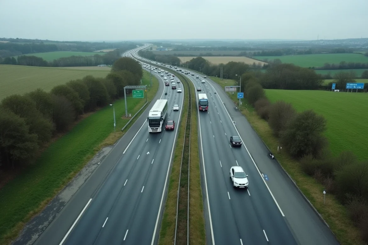 Vue aérienne d'un échangeur d'autoroute française avec plusieurs voies de circulation et paysage rural environnant