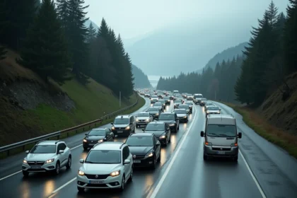 Embouteillage sur la Route de Thonon aux heures de pointe avec des voitures alignées sur une route sinueuse bordée de sapins