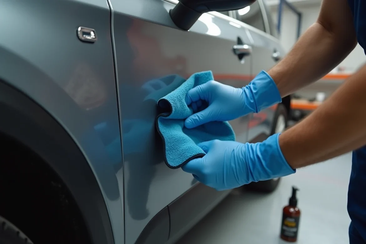 Entretien de la peinture gris rafale d'un SUV avec un chiffon microfibre et un spray de protection carrosserie