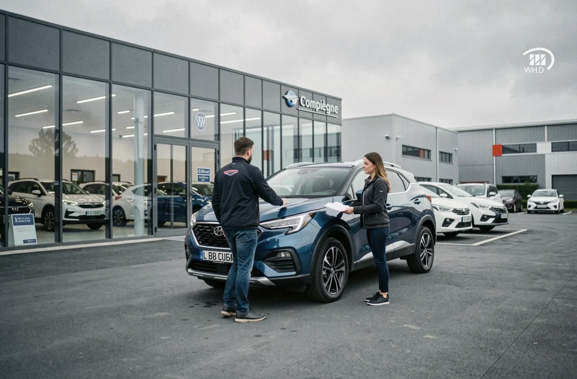 Espace Auto Compiègne avec showroom vitré, véhicules d'occasion exposés et conseiller accompagnant une cliente