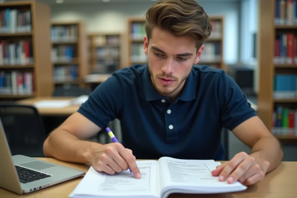 Étudiant consultant un guide imprimé des questions du code de la route dans une bibliothèque