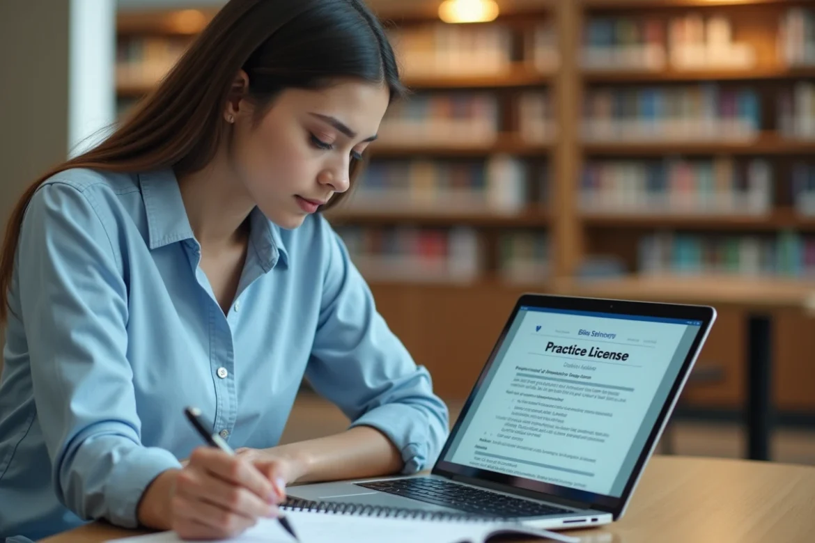 Étudiante utilisant un PDF de simulation d'examen de permis sur ordinateur en bibliothèque