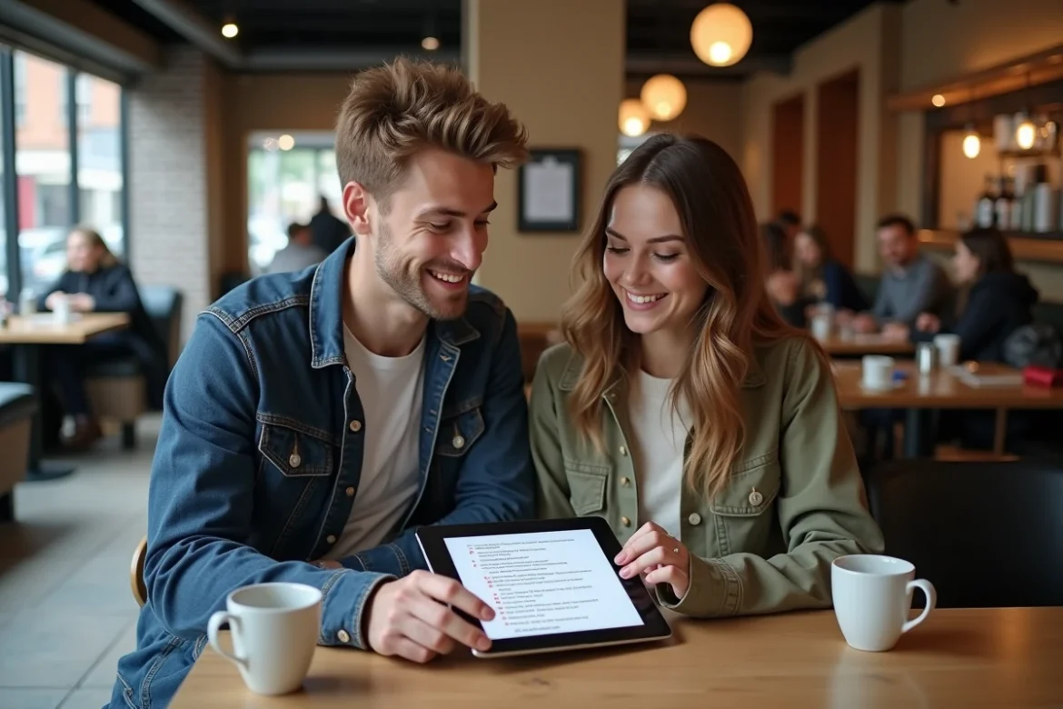 Deux étudiants révisant ensemble un test de permis de conduire corrigé sur tablette dans un café