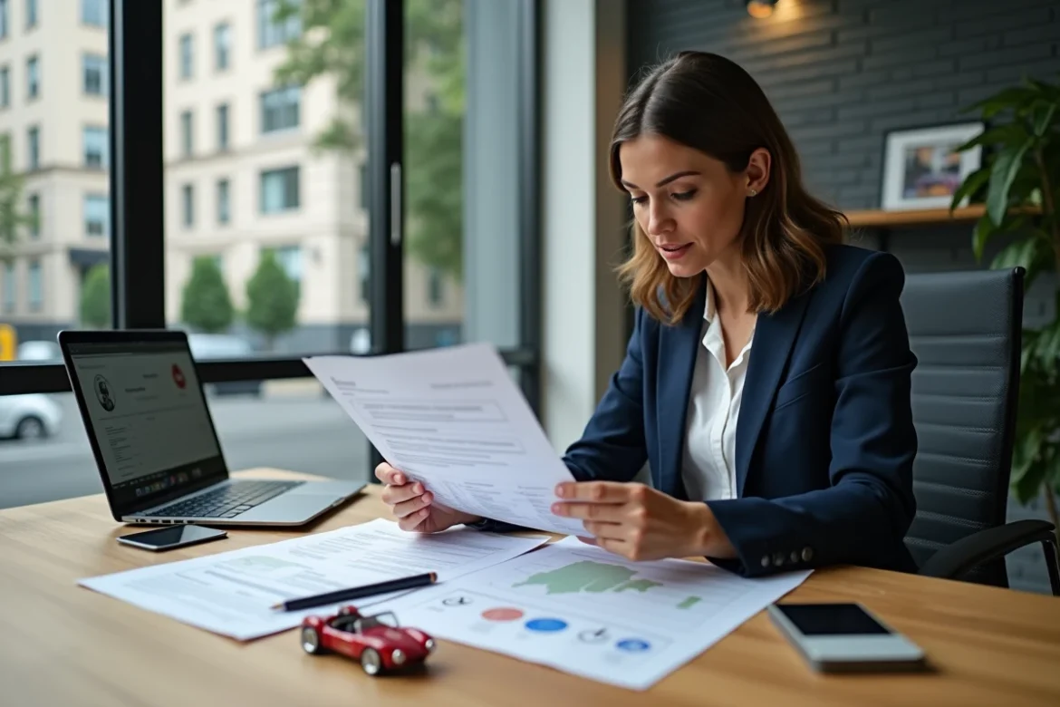 Femme experte évaluant le prix d'une Cobra en consultant des documents d'estimation et un rapport d'historique véhicule dans un bureau moderne