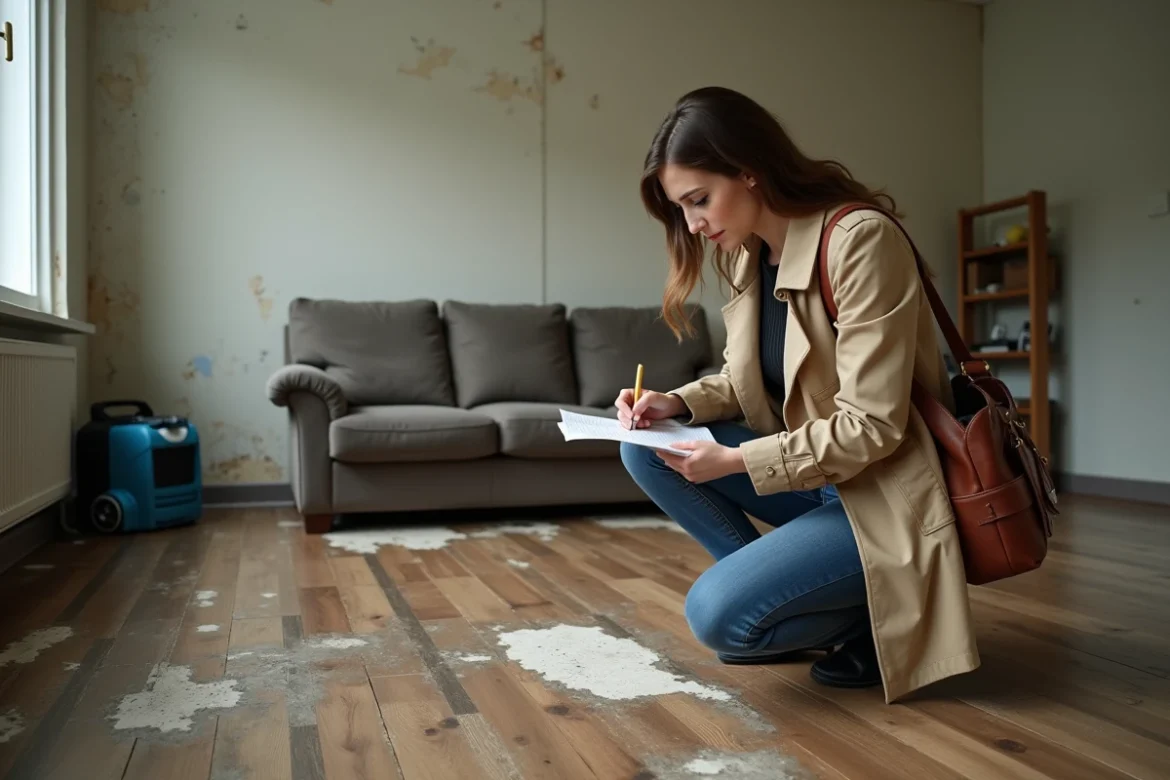 Expert en assurance inspectant des dégâts des eaux dans une maison inondée pour évaluer les frais de gardiennage