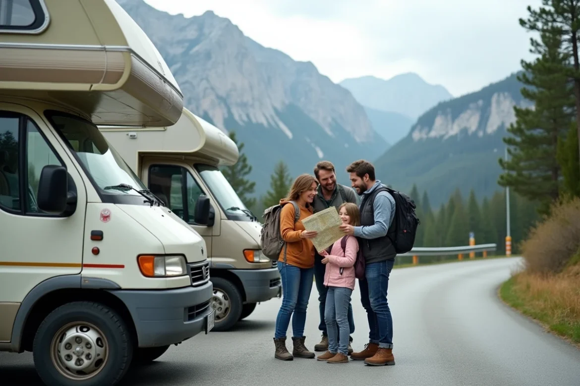 Famille de quatre personnes devant un grand camping-car occasion garé sur une route de montagne