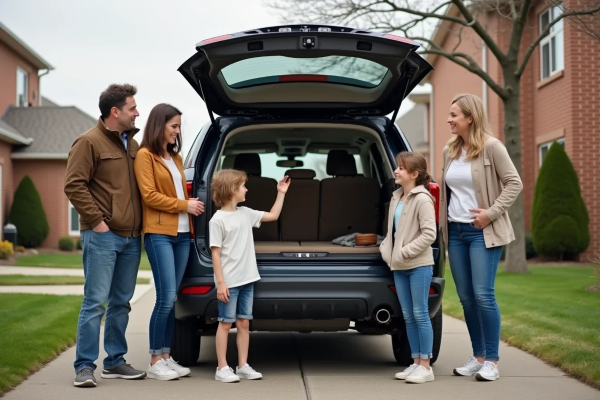 Famille devant un grand SUV dans une rue résidentielle