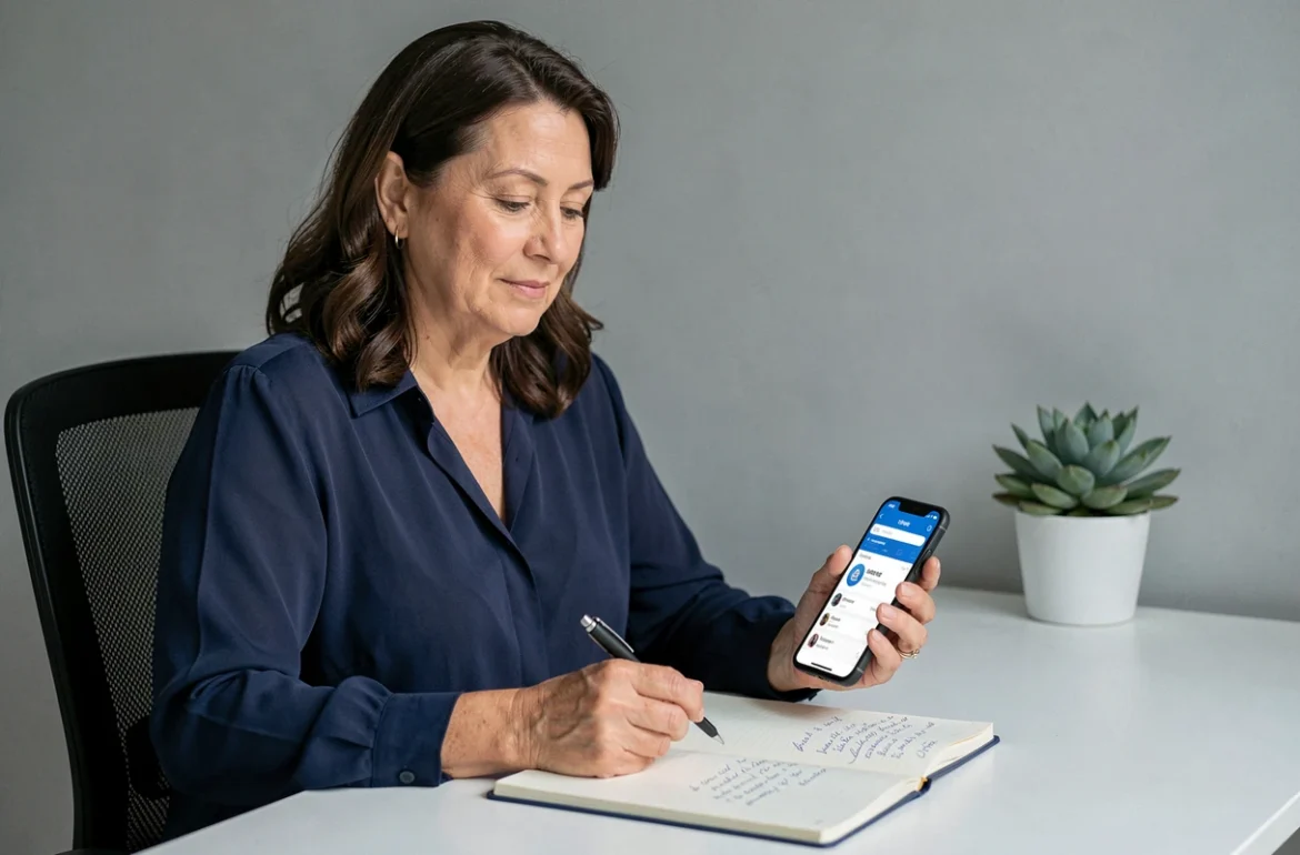 Femme consultant une application d'assurance auto sur smartphone avec des notes manuscrites