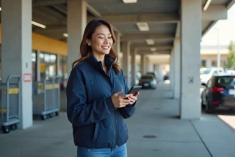 Femme consultant une application de bons de réduction sur smartphone dans un drive de supermarché