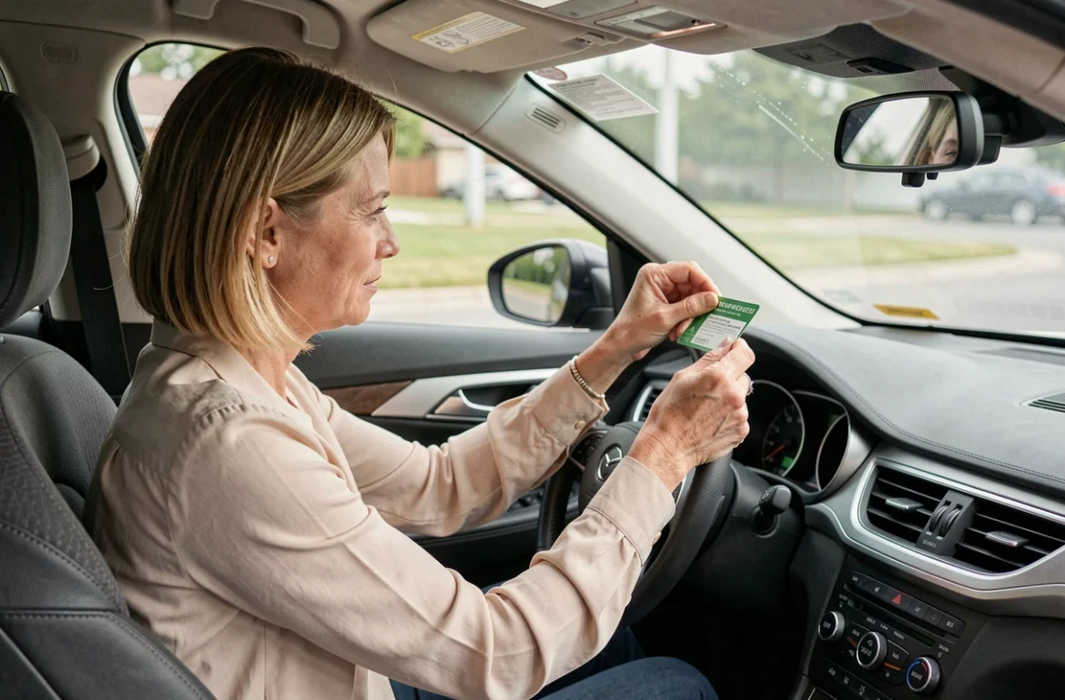 Femme appliquant la vignette verte d'assurance sur le pare-brise intérieur de sa voiture