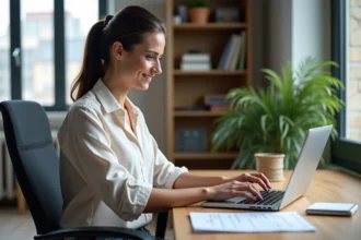Jeune femme au bureau utilisant un ordinateur avec un tableau de conversion