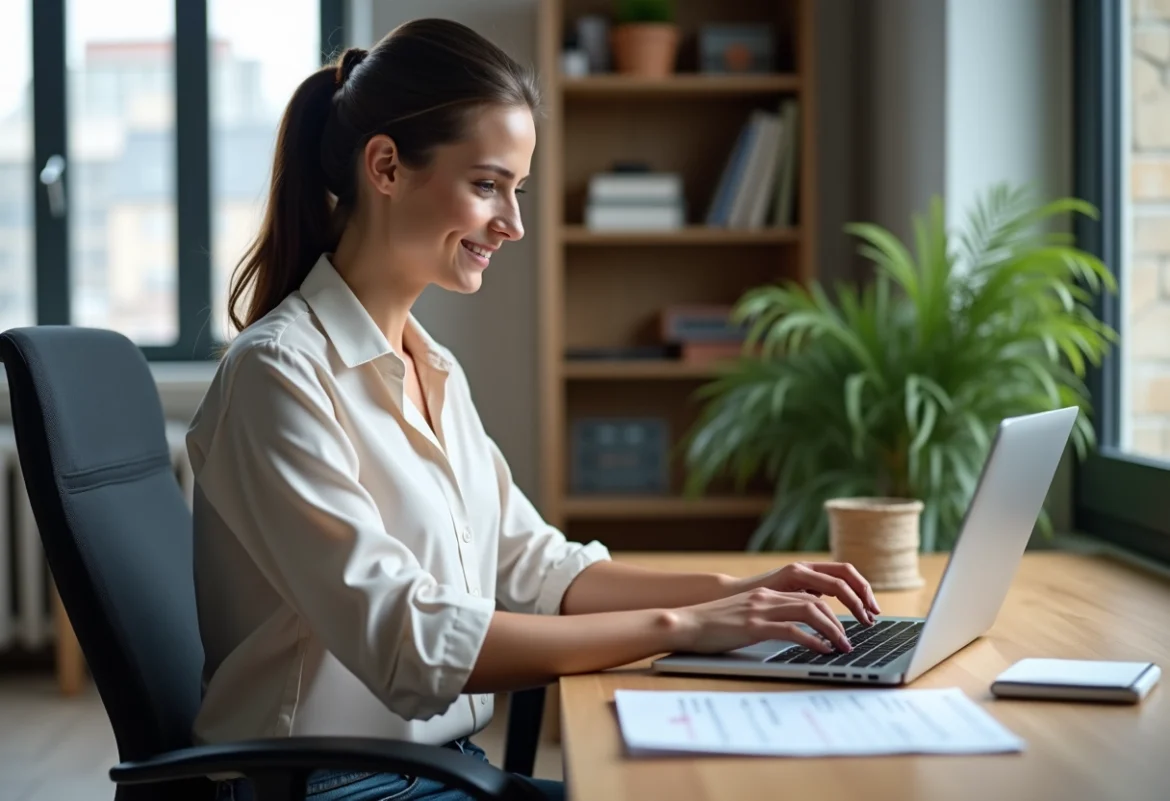 Jeune femme au bureau utilisant un ordinateur avec un tableau de conversion