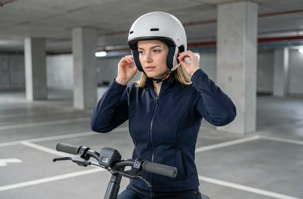 Jeune femme attachant son casque sur un scooter électrique dans un parking souterrain