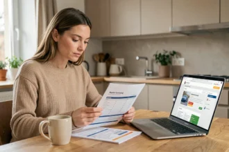 Femme comparant des devis d'assurance auto sur ordinateur portable à la maison