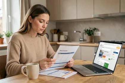 Femme comparant des devis d'assurance auto sur ordinateur portable à la maison