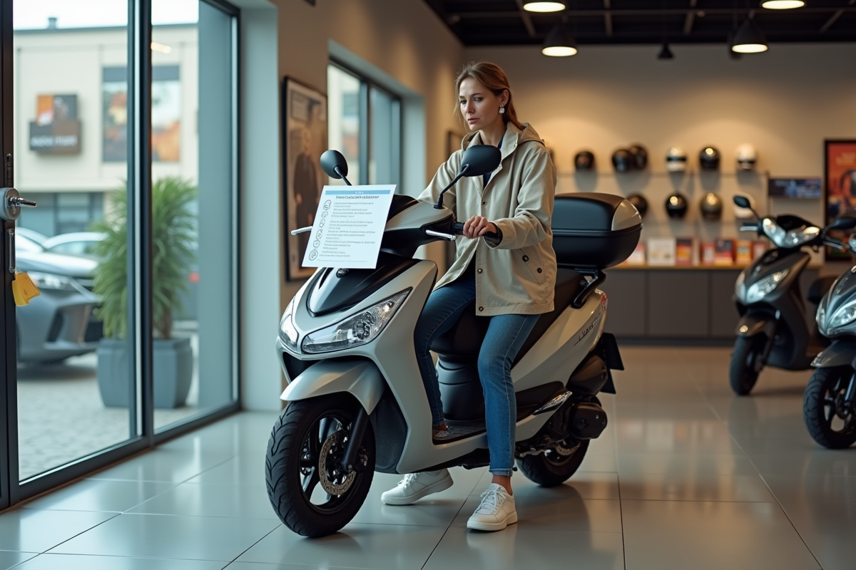 Femme regardant une liste de options dans un showroom moto