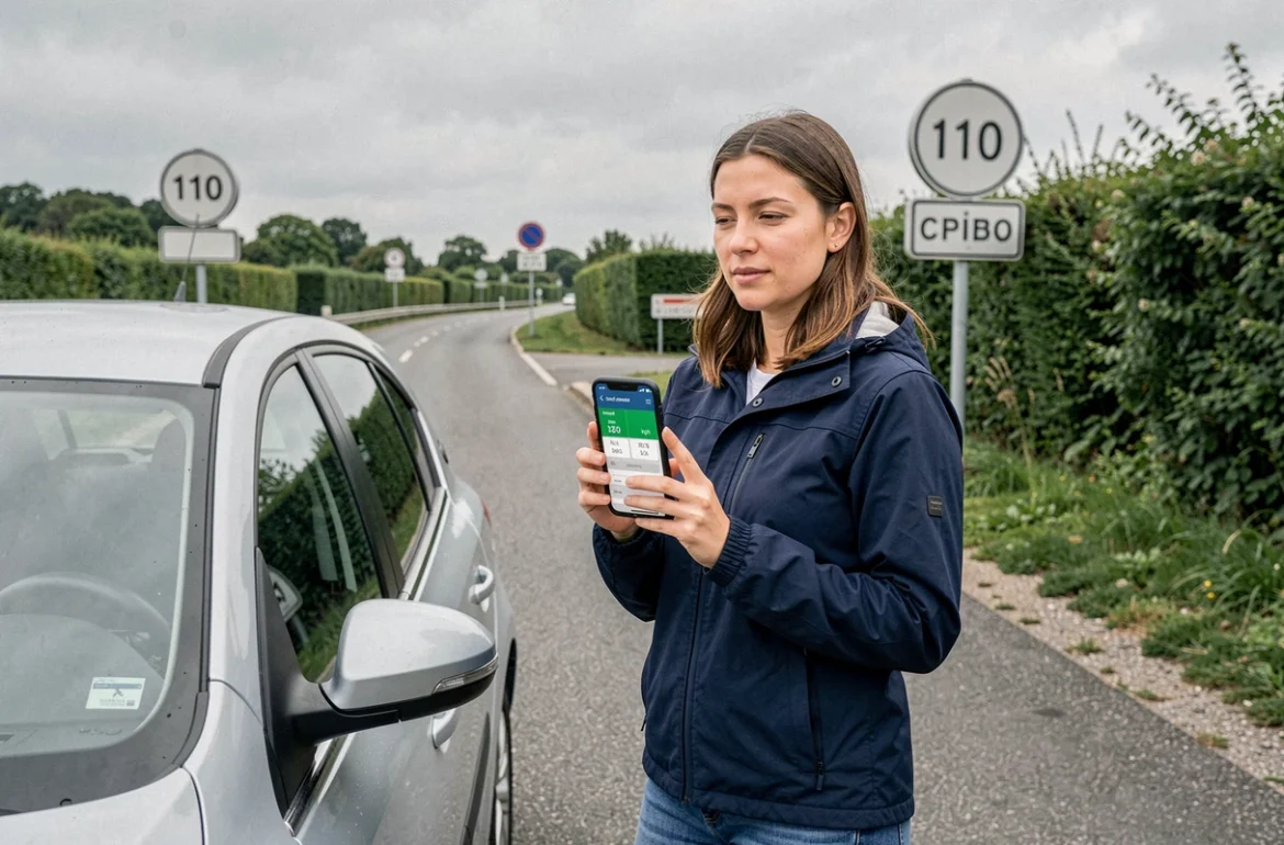 Femme consultant une application de conversion mph kph sur smartphone au bord d'une route européenne