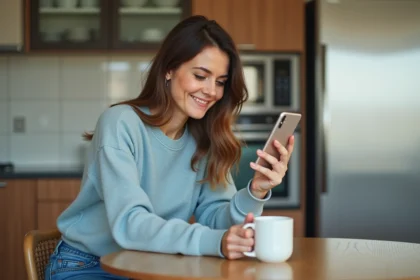 Femme lisant des actualités dans une cuisine lumineuse