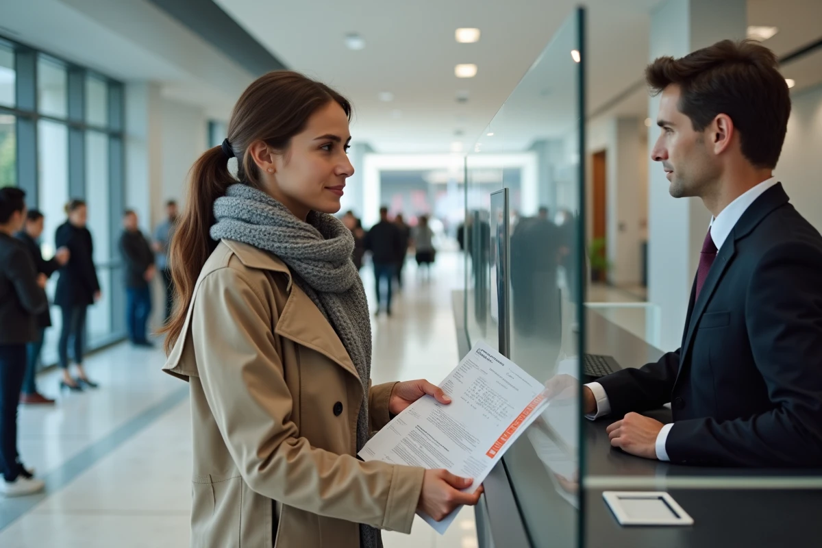 Jeune femme remettant un formulaire à un agent à la mairie