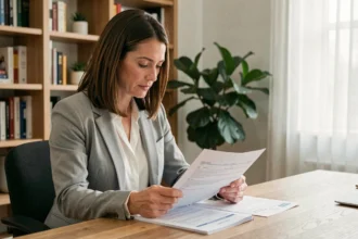 Femme consultant un devis d'assurance auto à son bureau à domicile