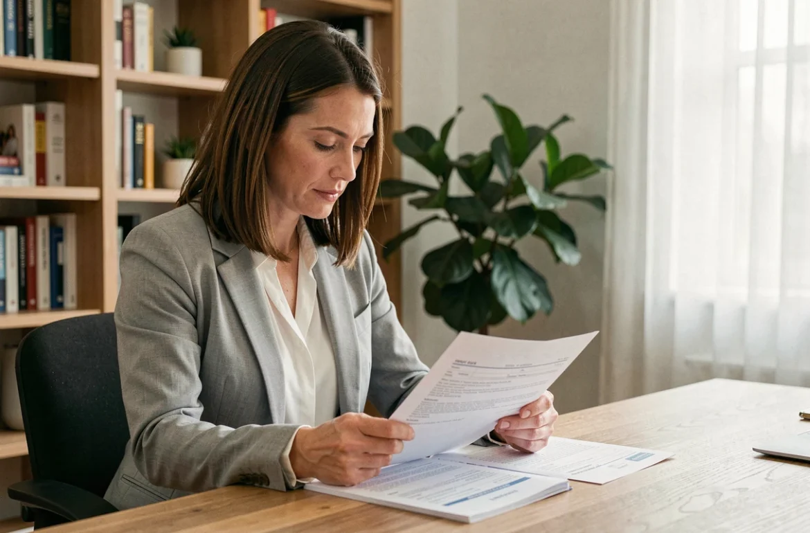Femme consultant un devis d'assurance auto à son bureau à domicile