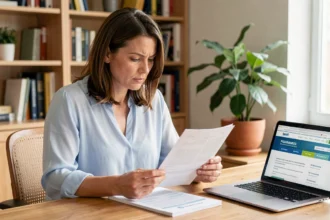 Femme consultant des documents d'assurance auto pour changer de contrat grâce à la loi Hamon