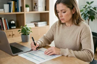 Femme comparant des documents d'assurance voiture à son bureau à domicile