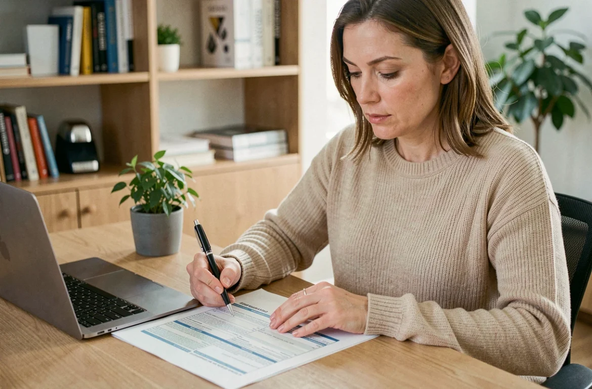 Femme comparant des documents d'assurance voiture à son bureau à domicile