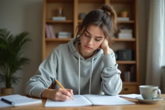 Jeune femme étudiant les questions du permis de conduire sur des documents imprimés à son bureau