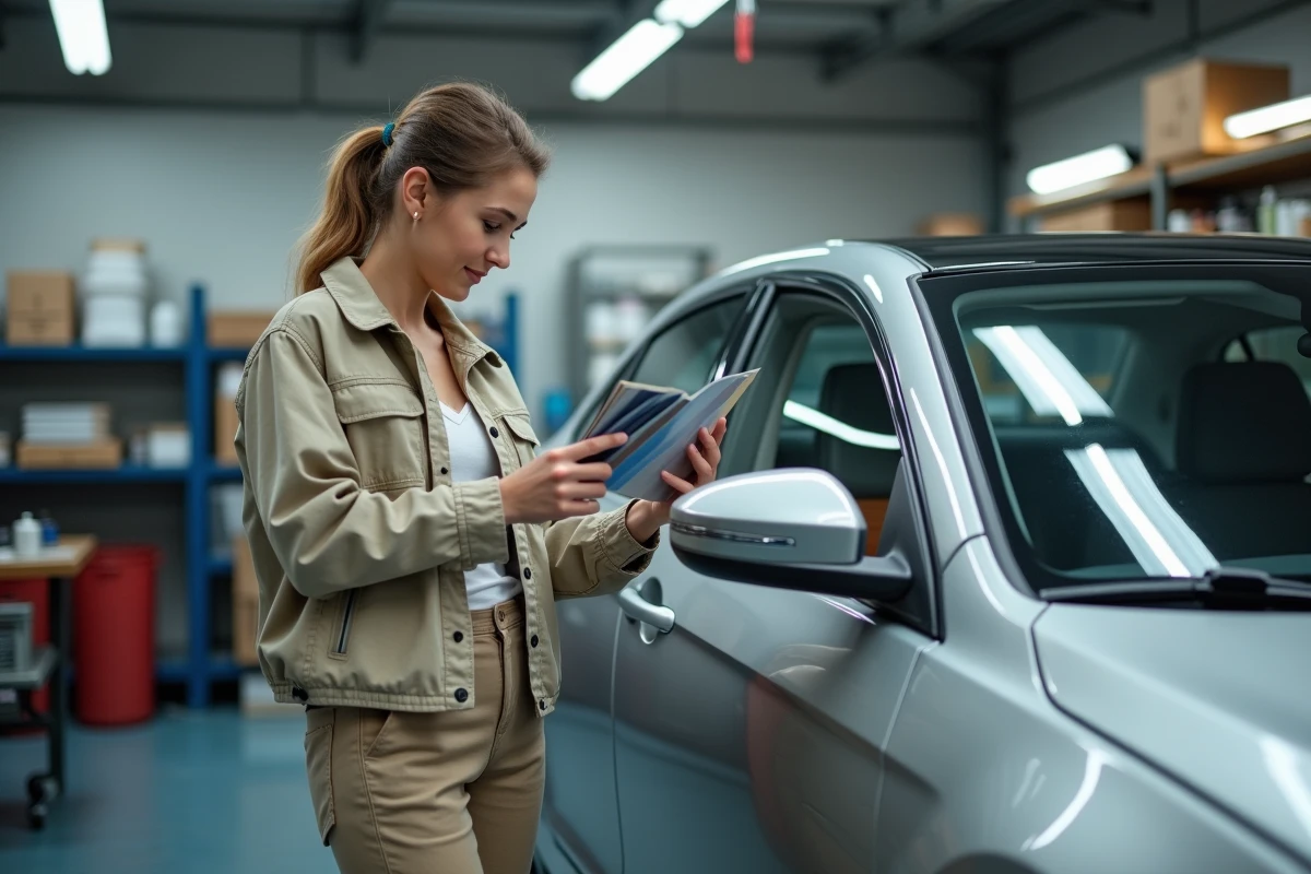 Jeune femme comparant des échantillons de peinture dans un atelier auto