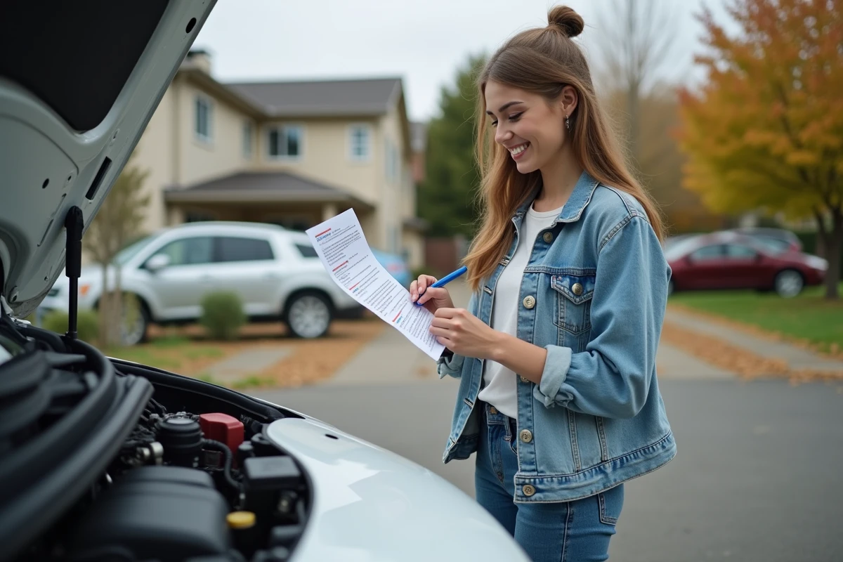 Jeune femme notant des avis clients devant sa voiture