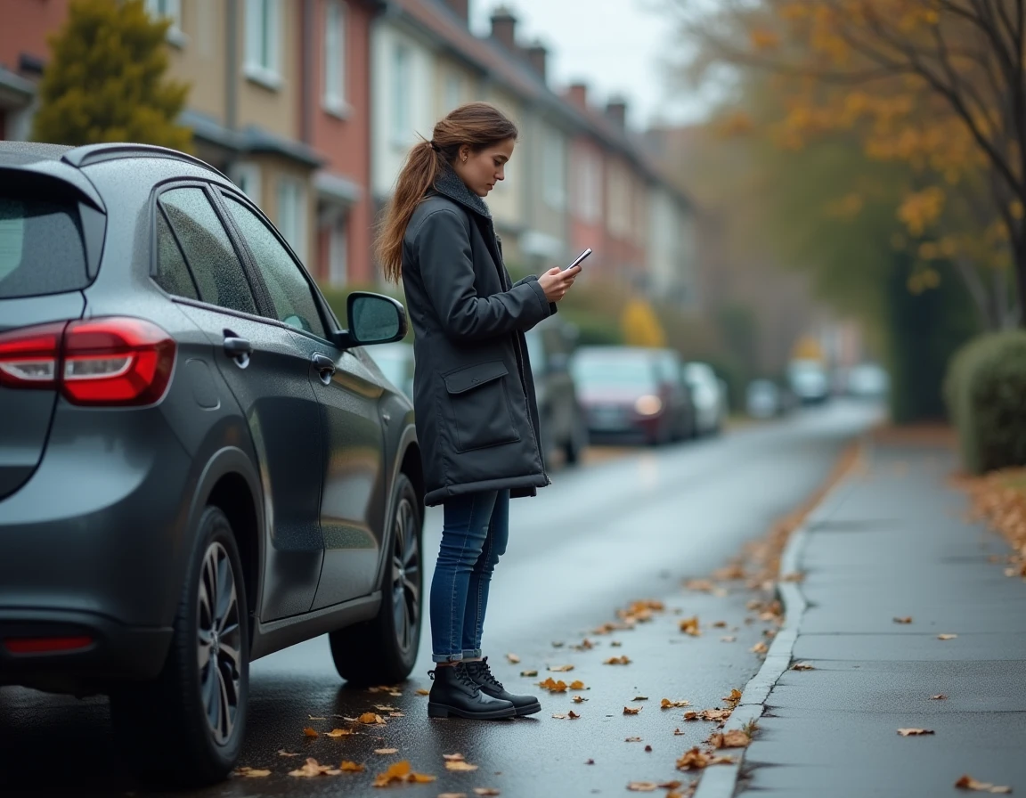 Femme examinant un pneu 365 de sa voiture garée dans une rue mouillée en automne