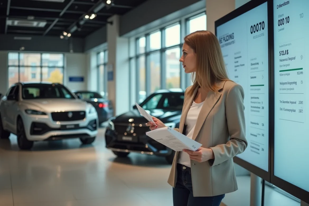 Femme consultant une fiche technique de puissance en kW et CV dans une concession automobile moderne