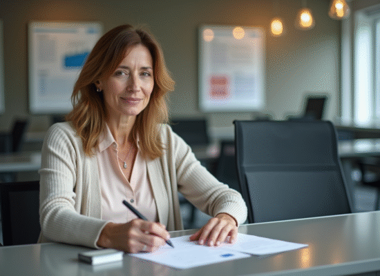 Femme remplissant des formulaires d'identite dans un bureau moderne