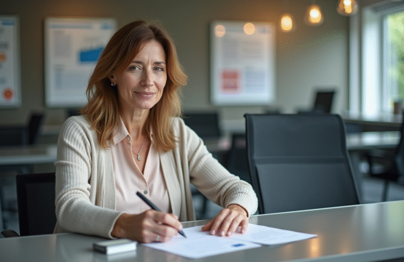 Femme remplissant des formulaires d'identite dans un bureau moderne