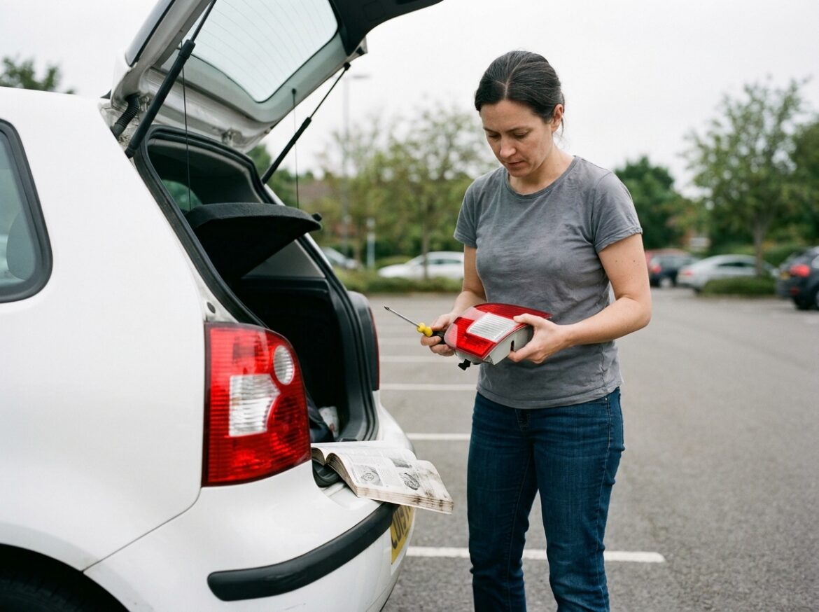 Femme consultant un guide de réparation pour changer le feu arrière de sa Volkswagen Polo 4