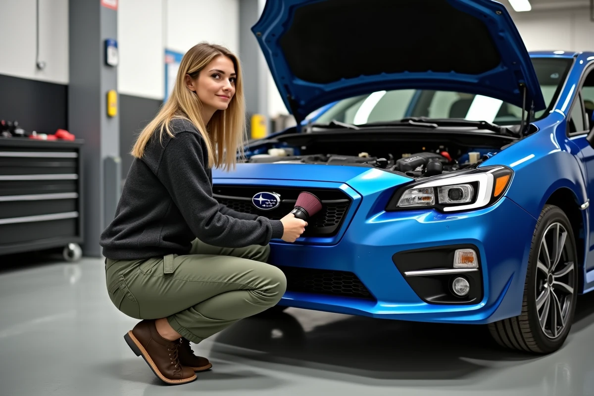 Femme installant un filtre à air sur une Subaru dans un garage moderne