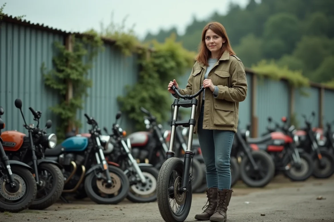Femme inspectant une fourche moto usagée dans une casse recyclage en plein air