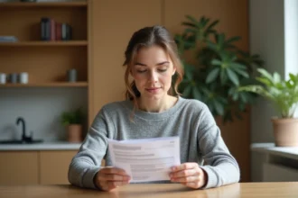 Femme lisant attentivement une carte grise française posée sur une table en bois dans un appartement moderne