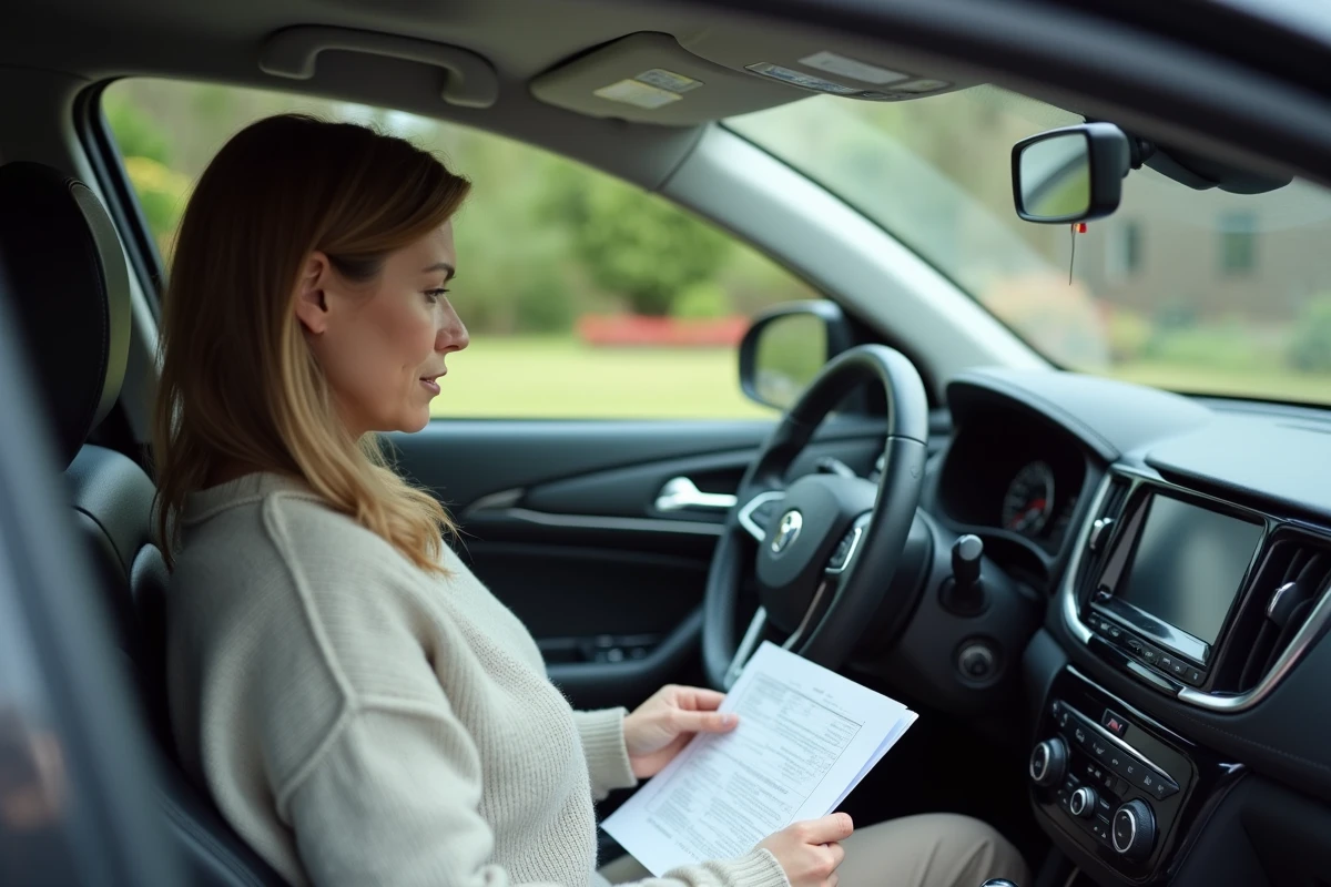 Femme regardant le manuel de la radio dans la voiture
