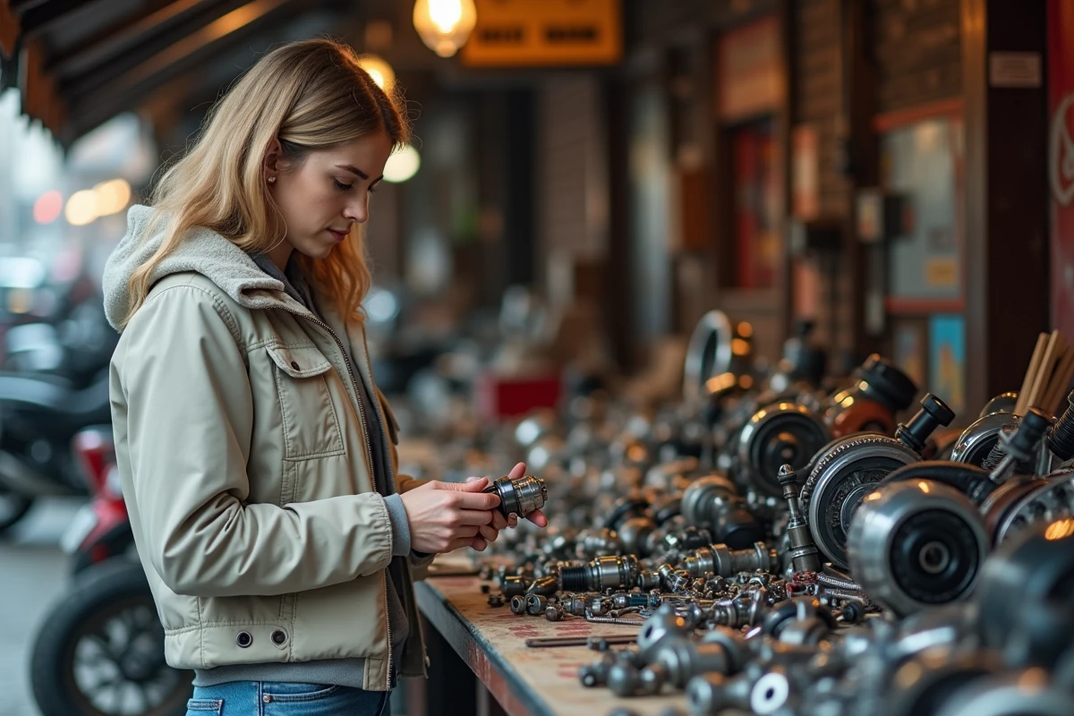 Jeune femme achetant une pièce de moto dans un marché urbain