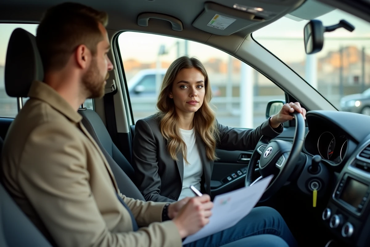 Jeune femme négocie avec un vendeur dans un showroom automobile