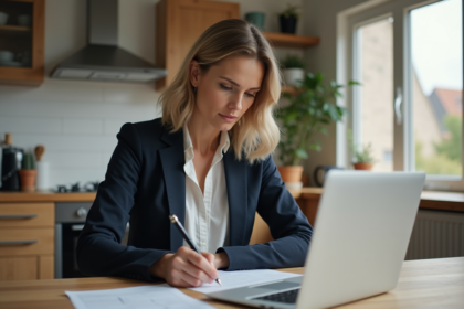 Femme remplissant papiers d'immatriculation voiture à la maison