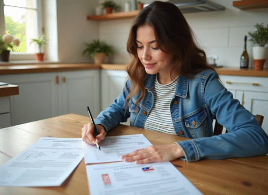 Jeune femme arrangeant documents de voiture à la maison
