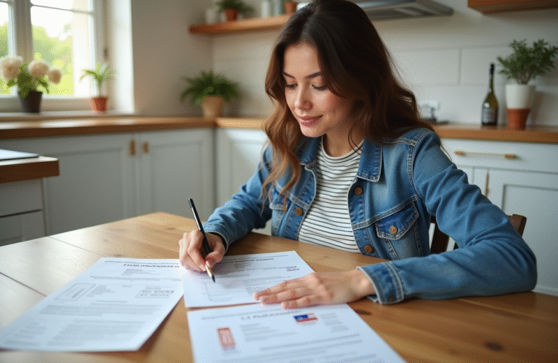 Jeune femme arrangeant documents de voiture à la maison