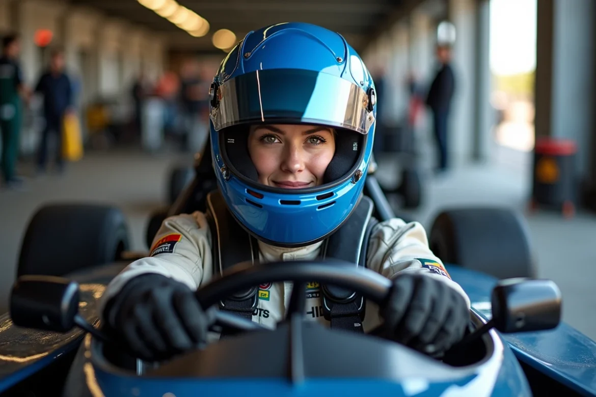Femme pilote assise dans un bolide de course sur circuit, recevant un stage de pilotage en cadeau