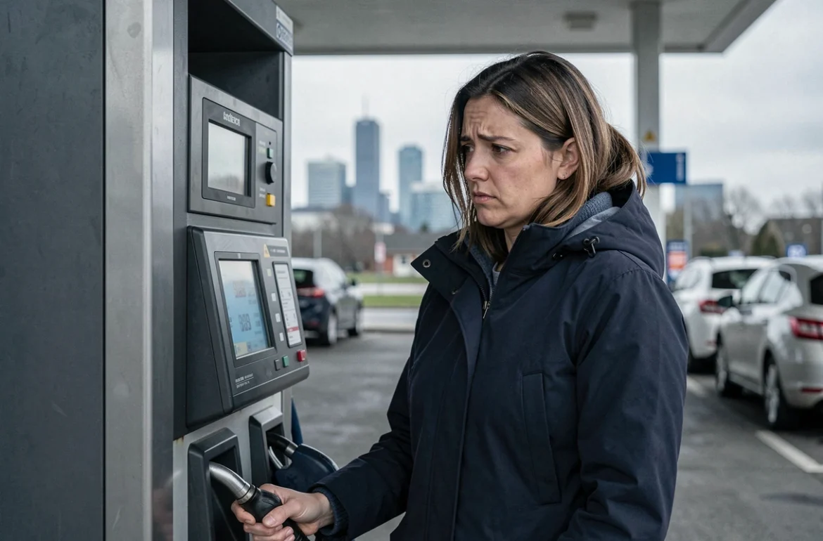 Femme consultant le prix du carburant à une station-service urbaine en France