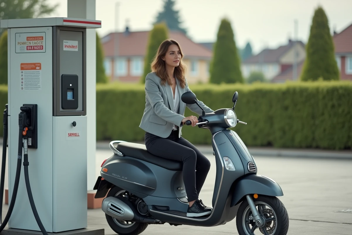 Femme faisant le plein de son scooter en banlieue