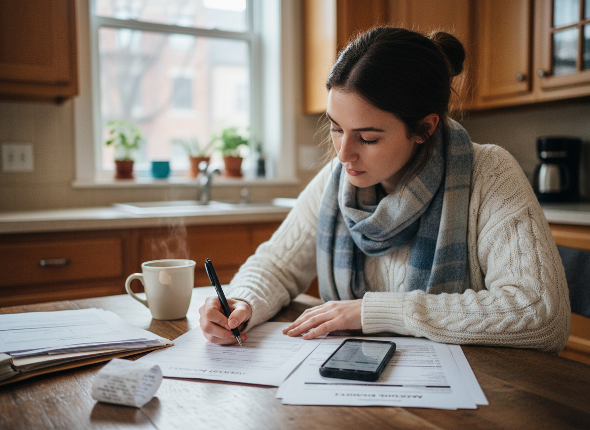 Femme dans la cuisine remplissant papier d