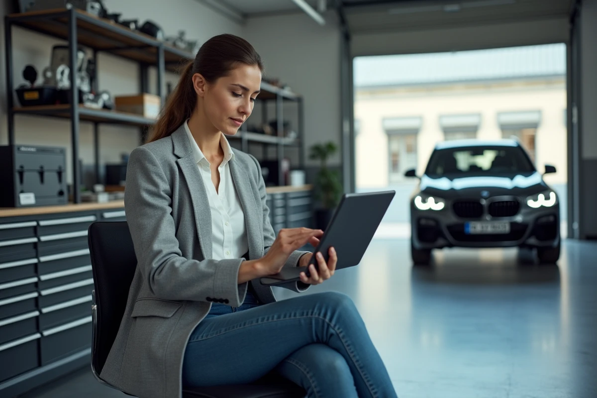 Femme inspectant une pièce BMW dans un atelier moderne